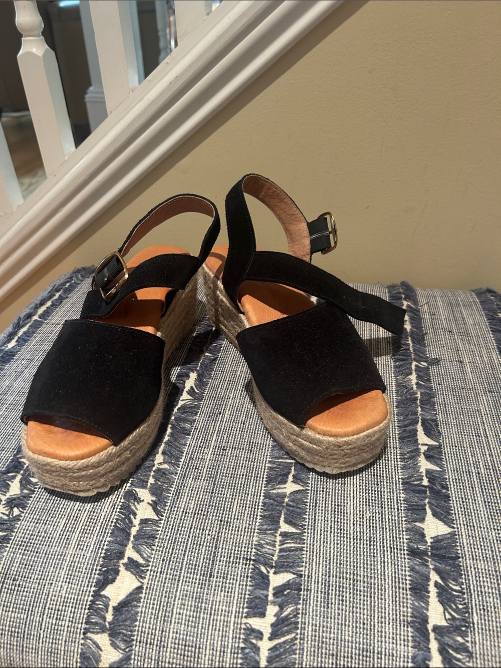 Spanish Sandal Company Black Suede Espadrille Wedge Sandals with Slingback